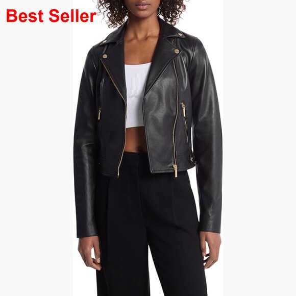 Jackets & Blazers - Leather Moto Jacket with Cropped Hem and Multiple Pockets
